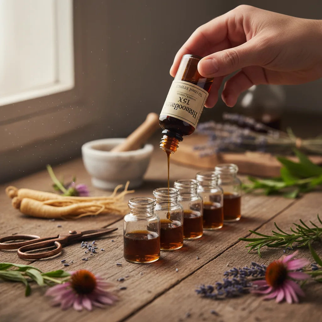 Pouring concentrated extract into small apothecary jars