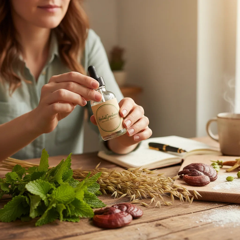 Woman reads HerbalGoodness label in kitchen