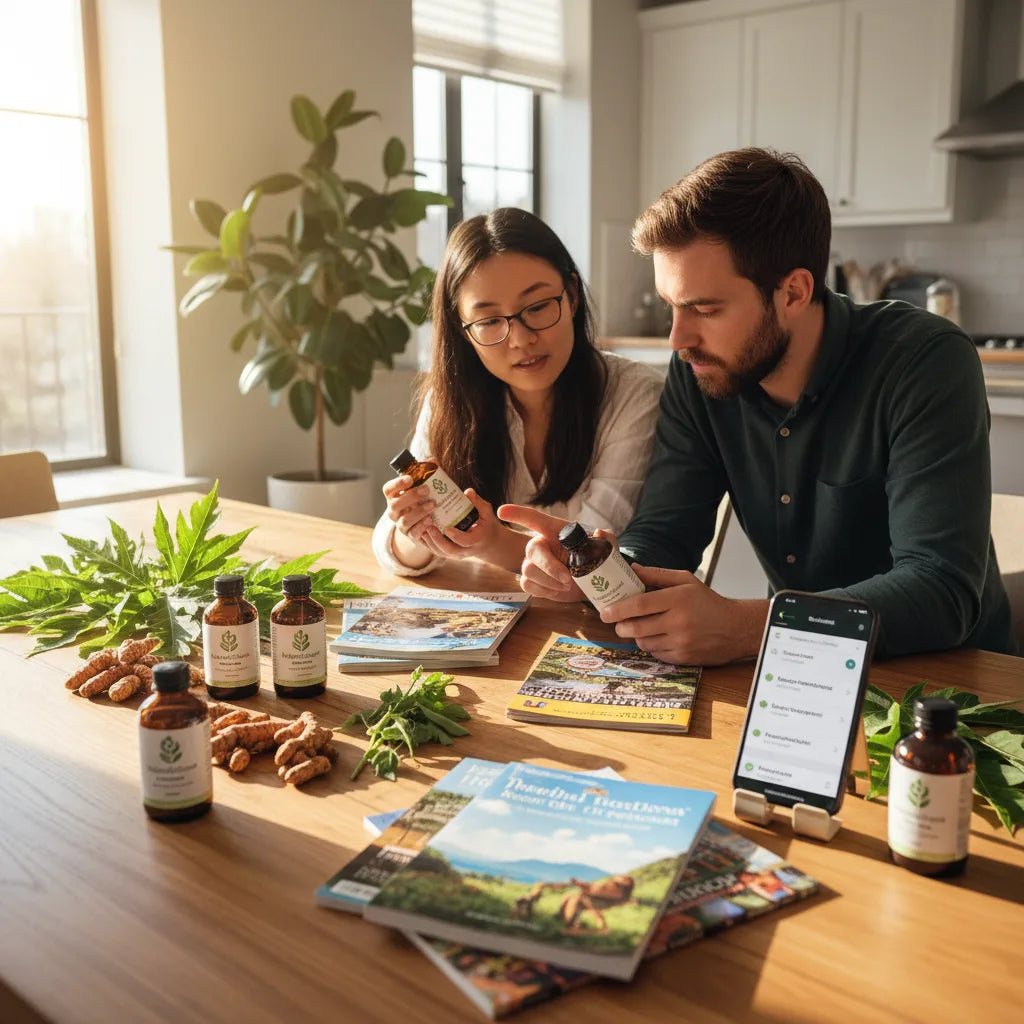 Travelers examine multilingual herbal supplement labels together