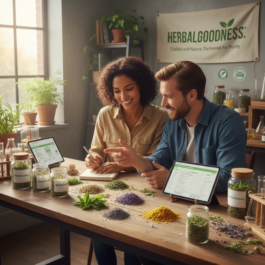 Artisan workspace with HerbalGoodness herbs inspection
