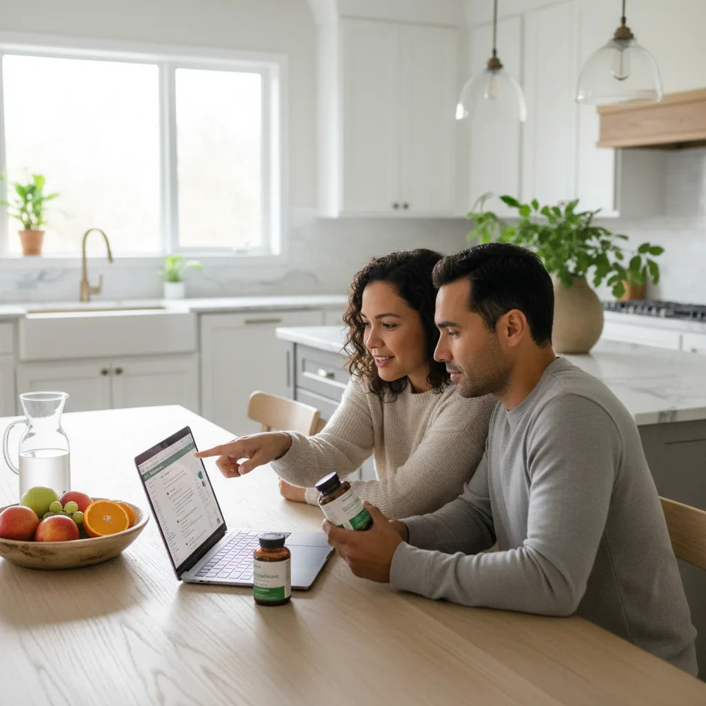 Couple examines supplements and laptop search results