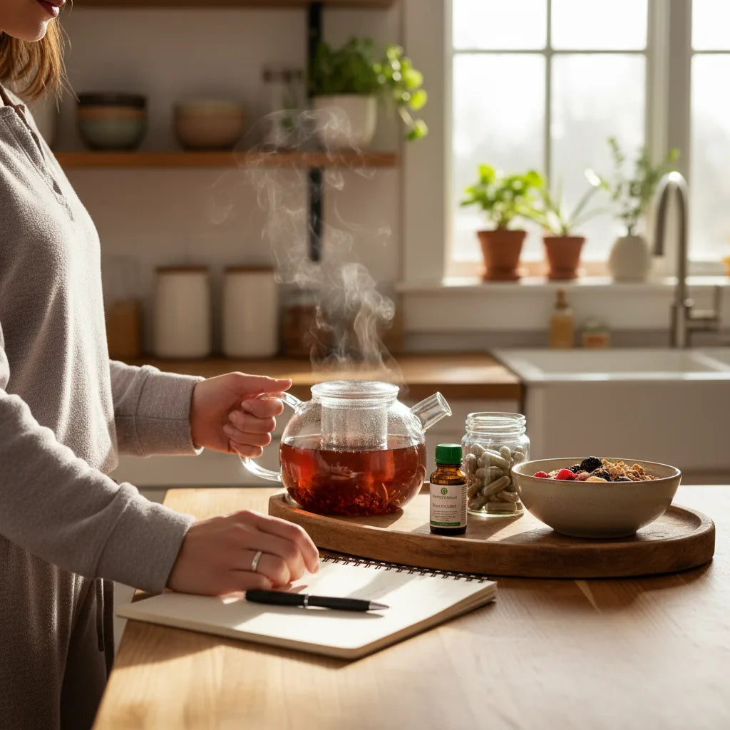 Morning routine with tea, capsules, journaling
