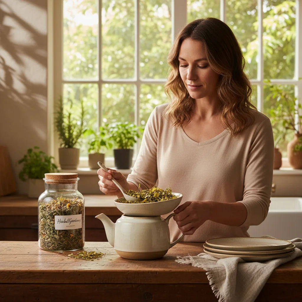 Woman preparing mullein tea in kitchen