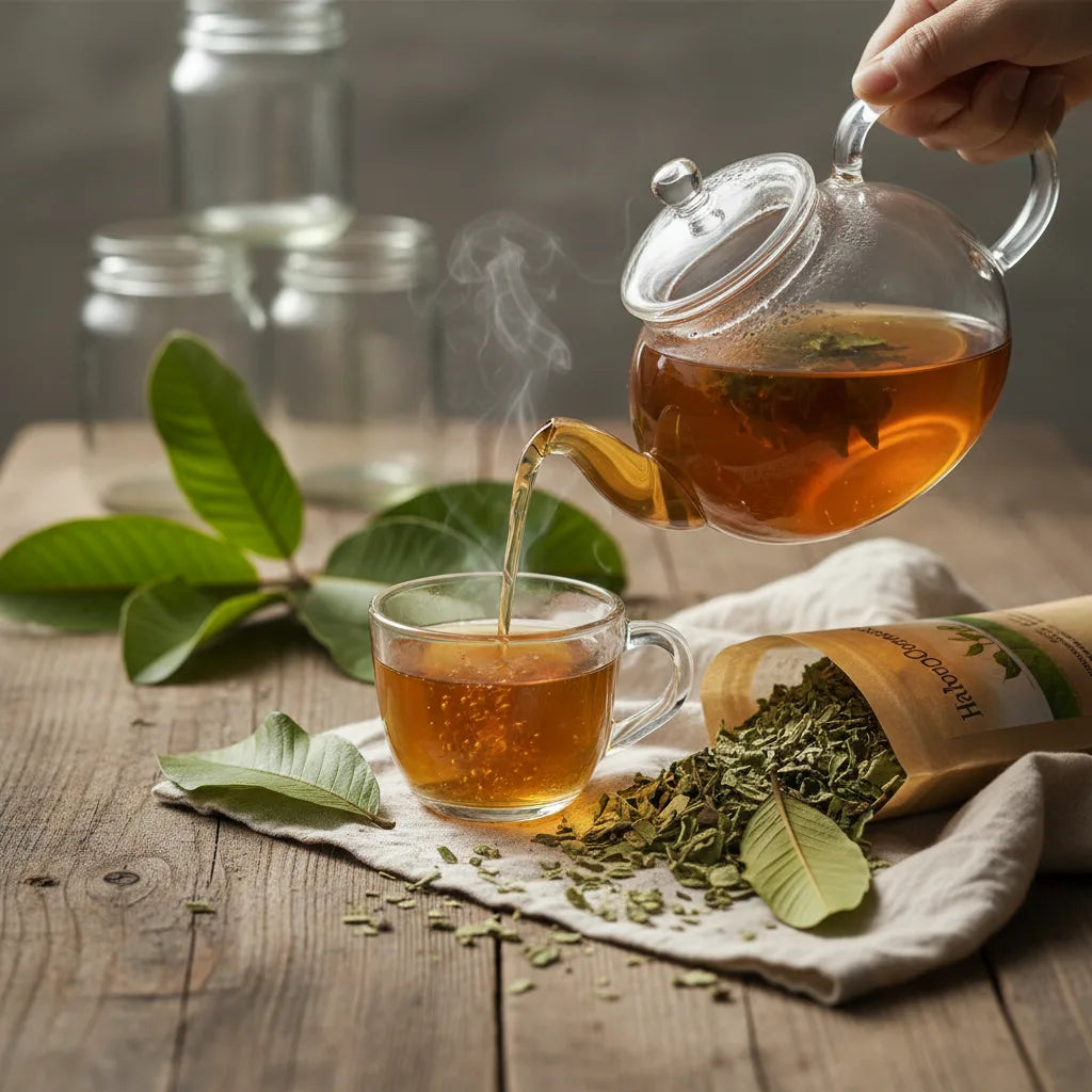 Pouring guava leaf tea with natural elements