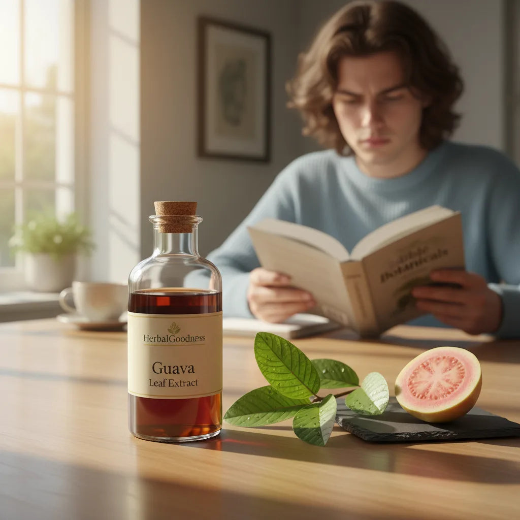 Guava leaf extract bottle and fresh leaves