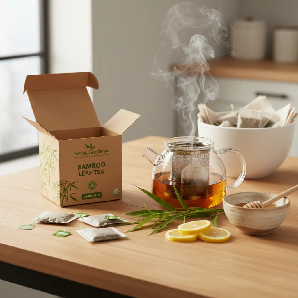 Bamboo tea pack, blending ingredients, compost bowl