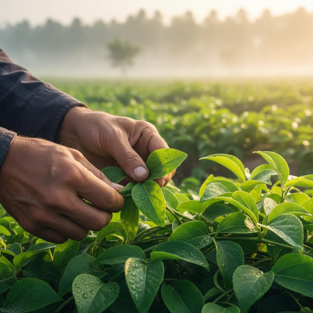 Fresh gymnema leaves hand-harvested at sunrise