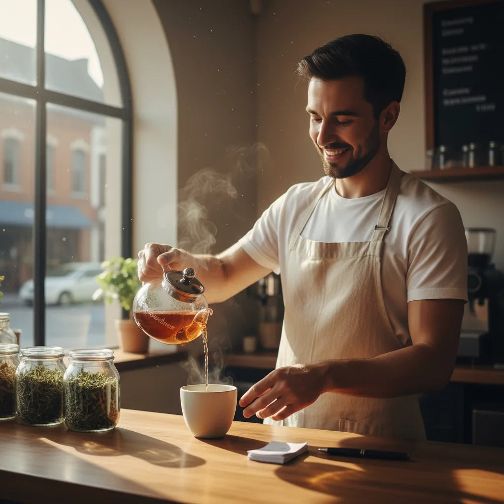 Barista pouring gymnema tea in café setting