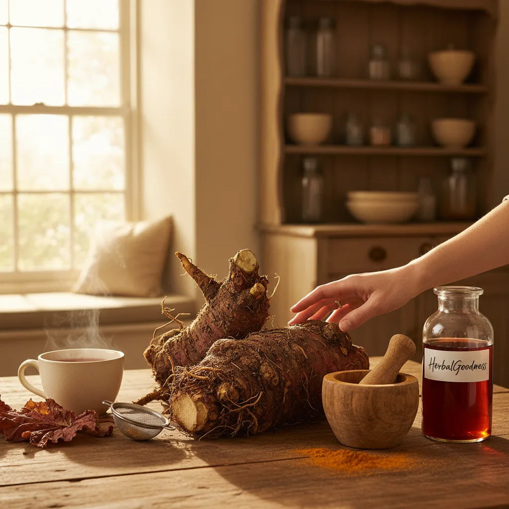Rhubarb roots, tincture, and tea in kitchen