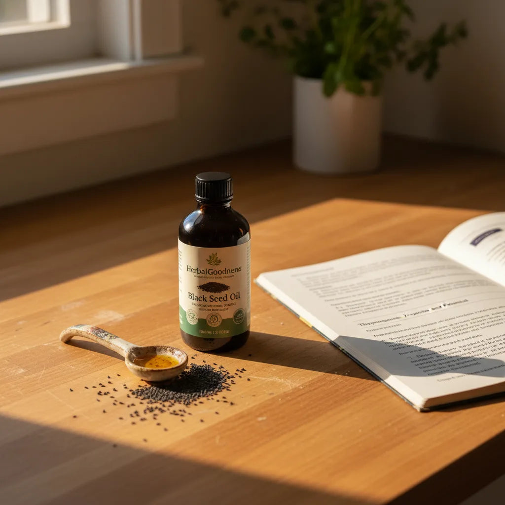 Black seed oil next to research paper