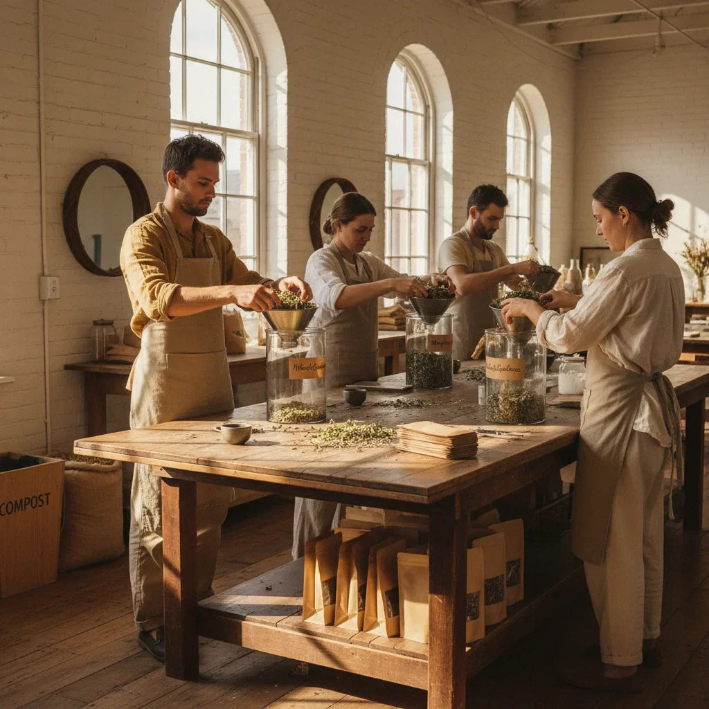 Herbal tea workers sort herbs sustainably