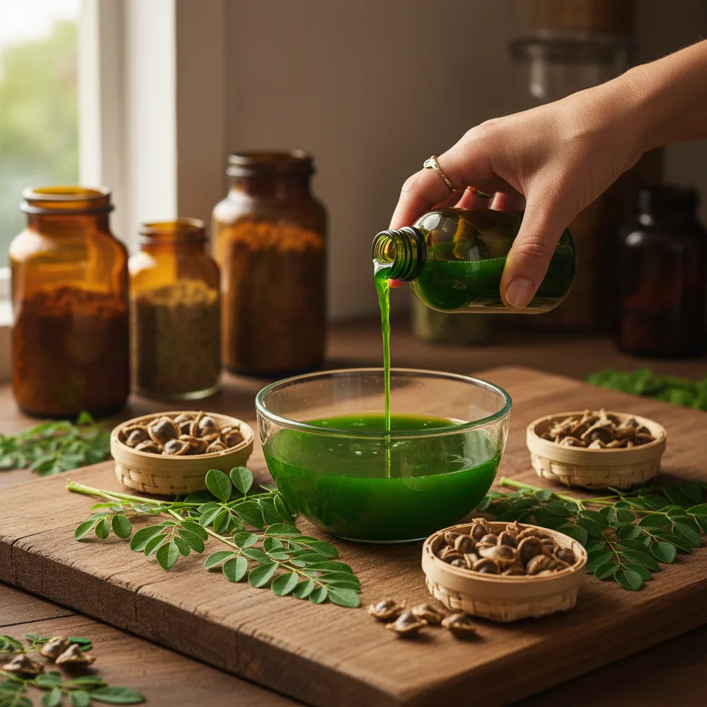 Pouring high-potency moringa extract at home