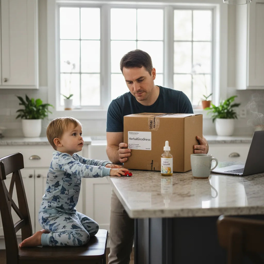 Parent inspects herbal supplement shipping label