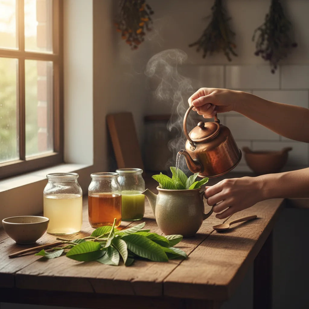 Homemade guava leaf extracts in kitchen sunlight