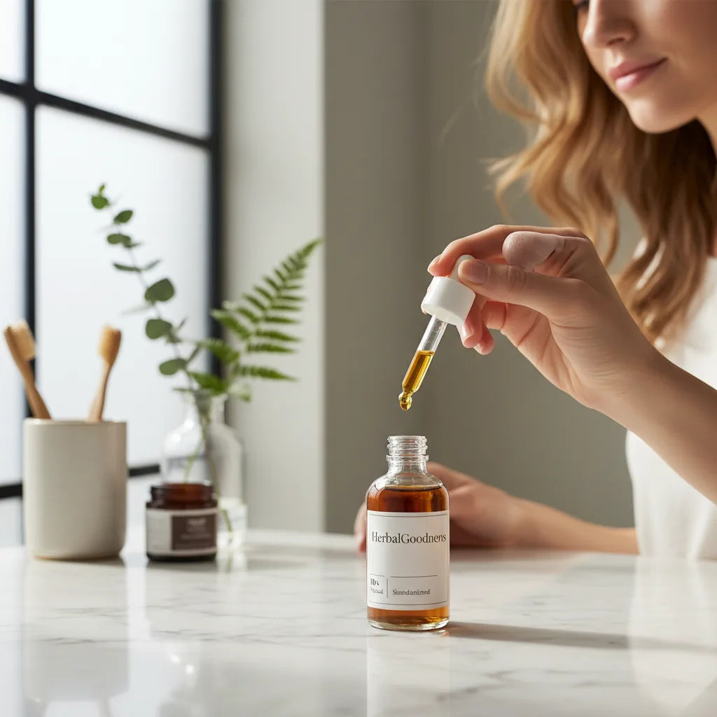 Woman dispensing liquid extract onto hand