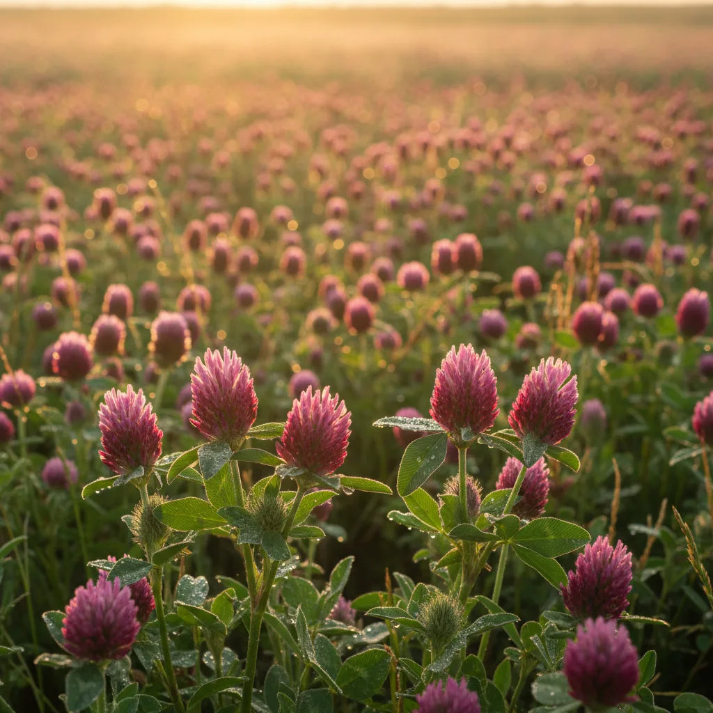 Red clover blossoms in sunlit summer meadow