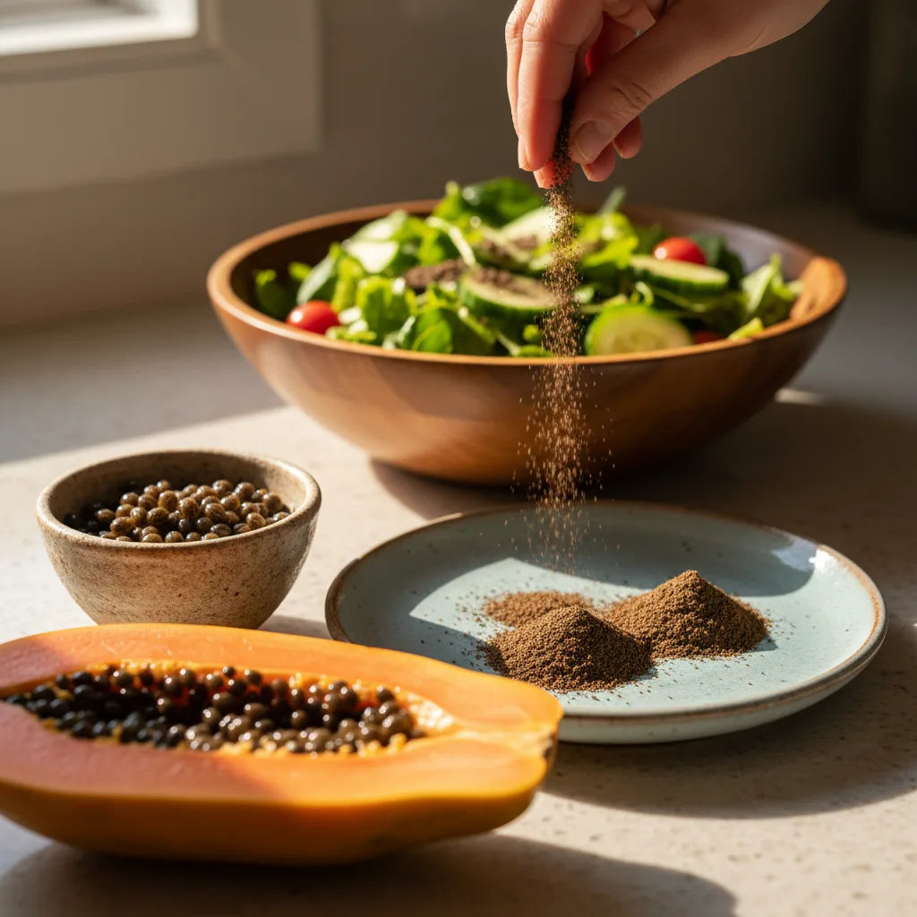 Sprinkling fresh papaya seed powder on salad