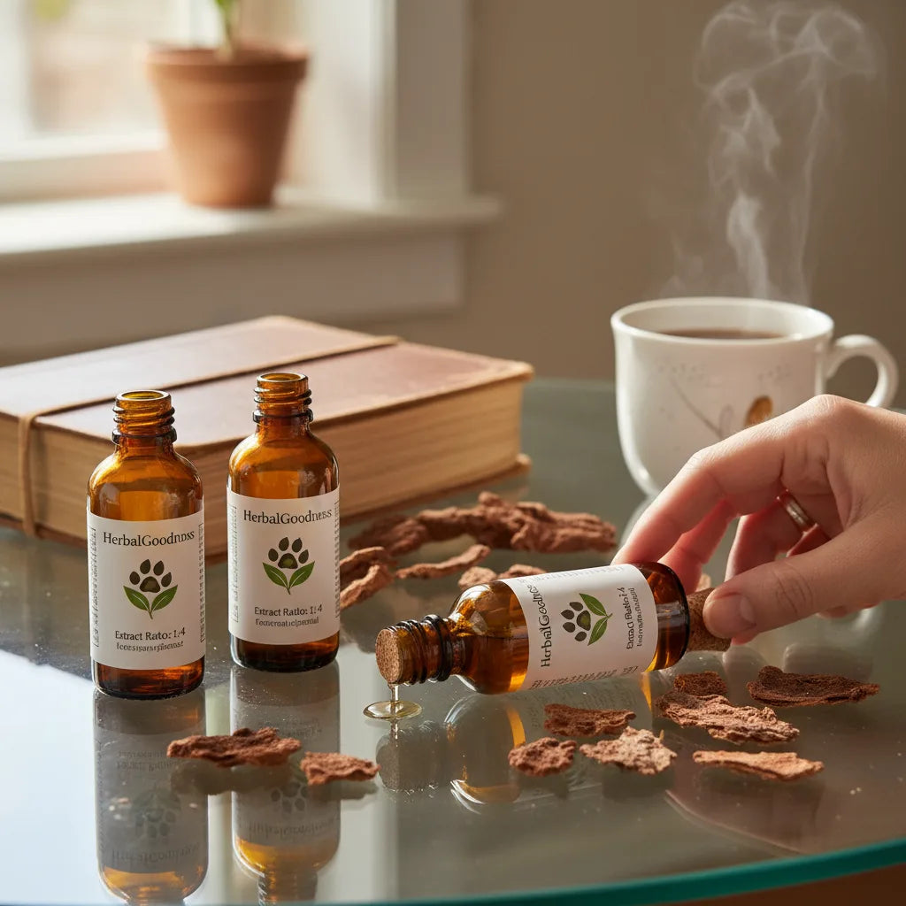 Cat’s claw extract bottles and hand reaching