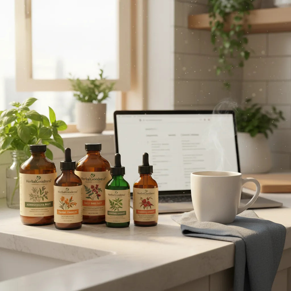 Herbal extracts, laptop, and coffee in kitchen