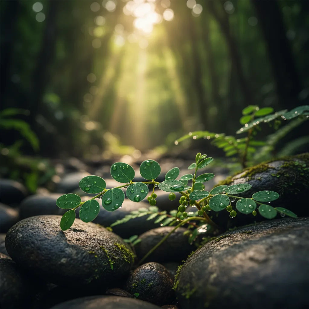 Chanca Piedra plant among river stones