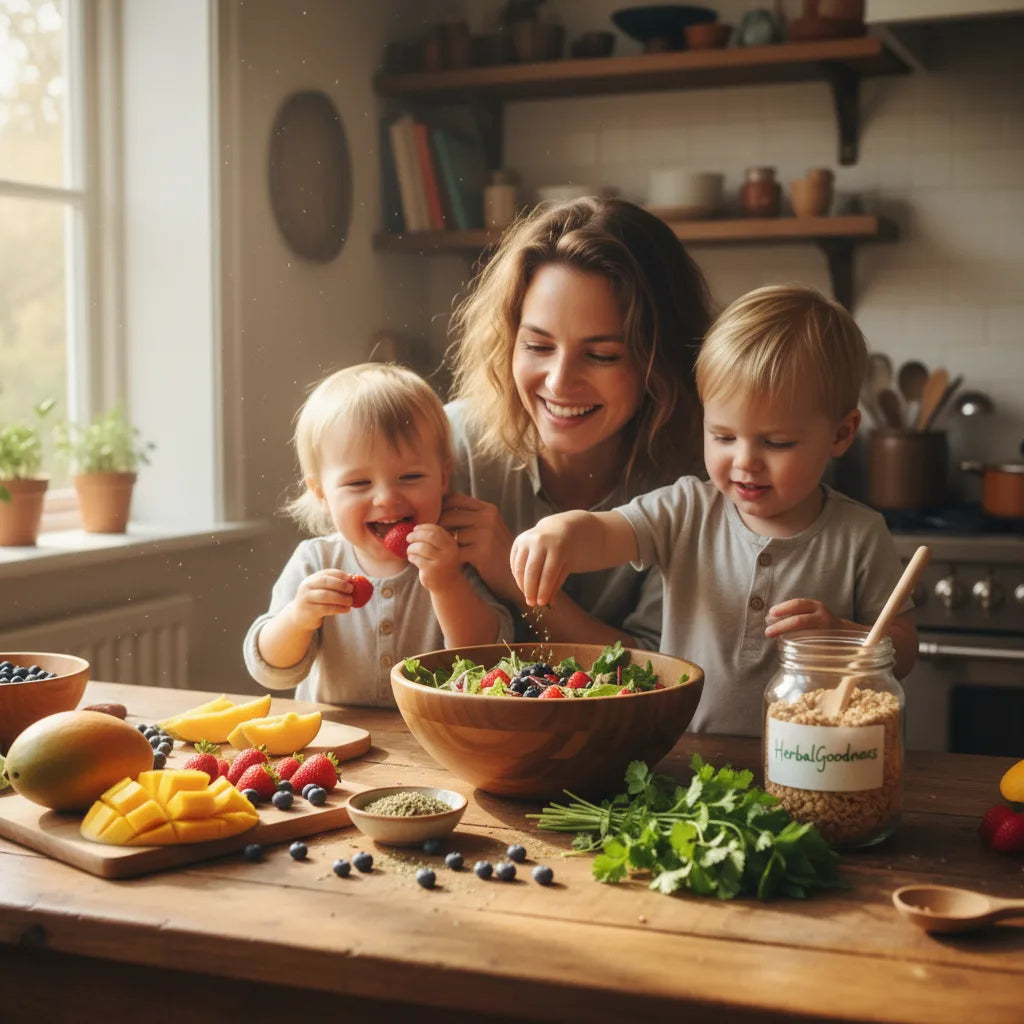 Family enjoying playful herbal breakfast together