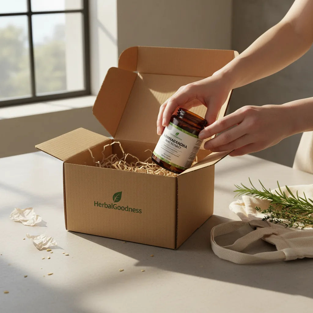 Unboxing ashwagandha extract in sunny kitchen