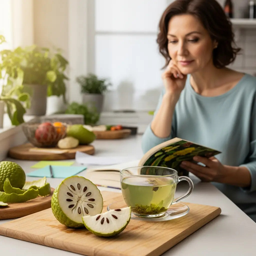 Graviola fruit and tea with researcher