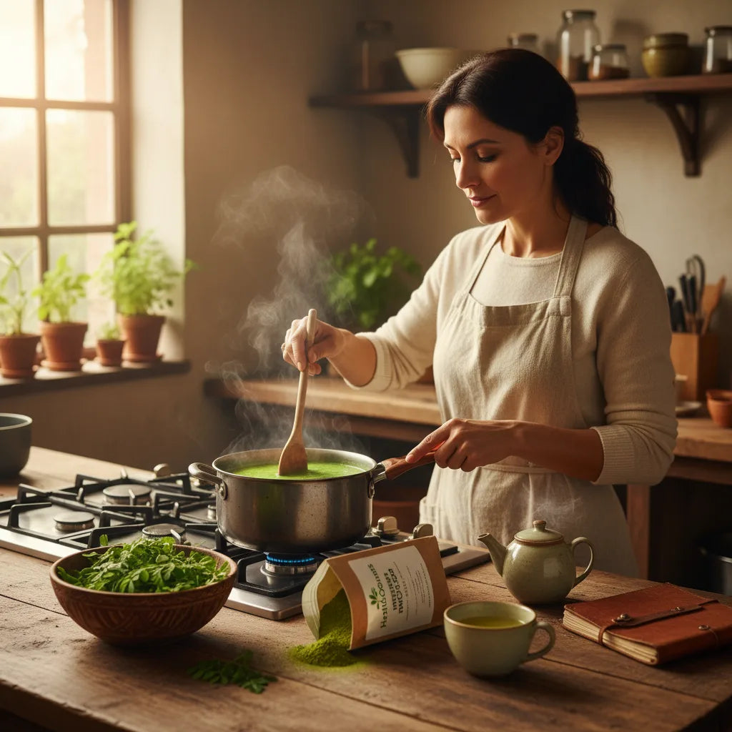 Woman cooking with moringa in kitchen