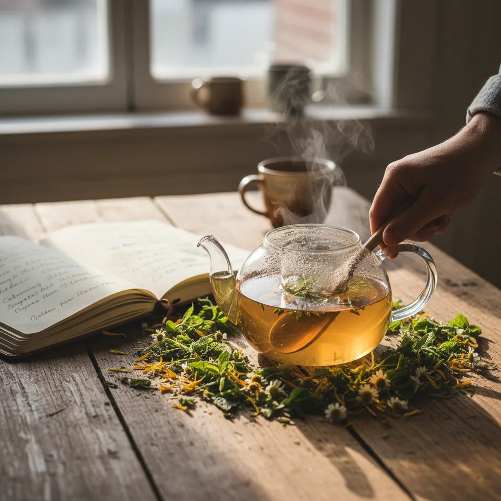 Loose herbs, notebook, and mullein tea blend