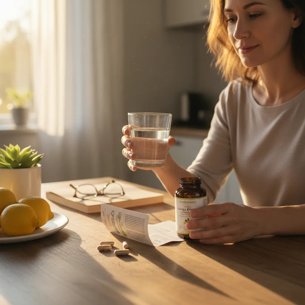 Person reading herbal supplement label sunrise