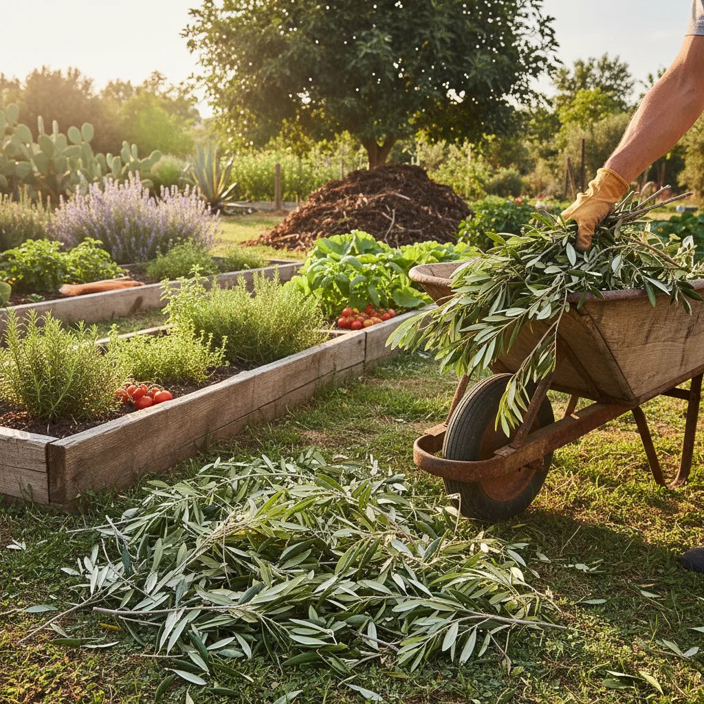 Gathering olive branches for garden reuse