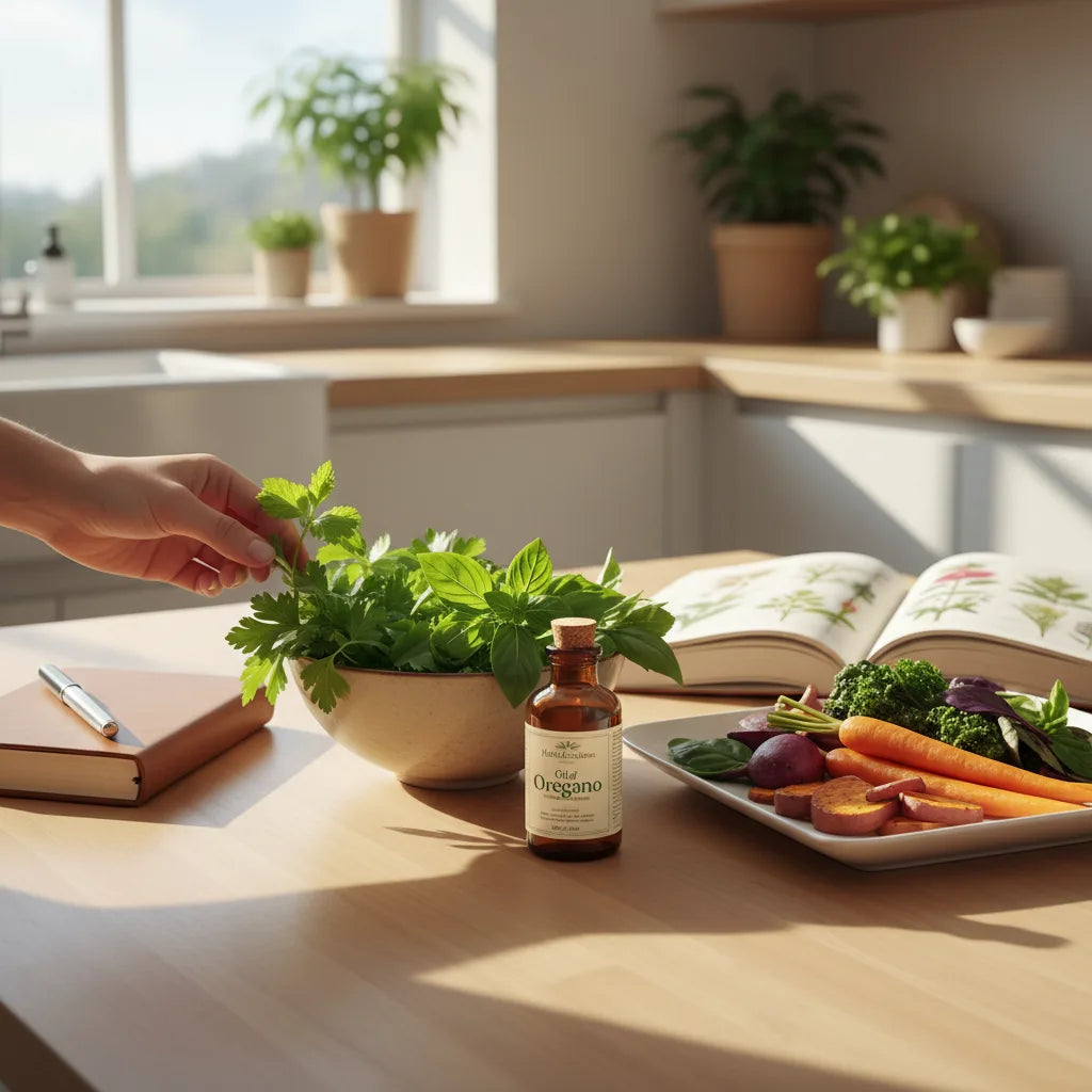 Herbs and plant foods with oil bottle