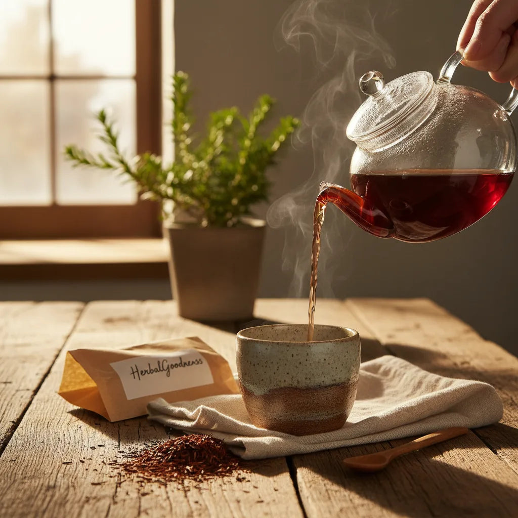 Pouring organic rooibos tea in warm kitchen