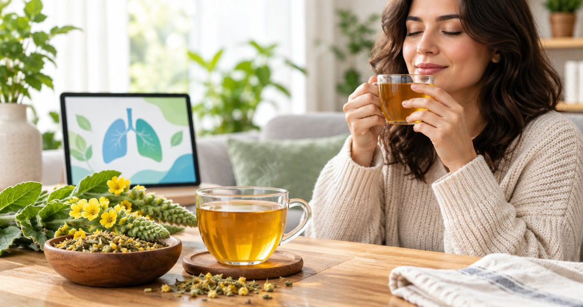 Woman sipping mullein tea beside a cup and dried mullein flowers