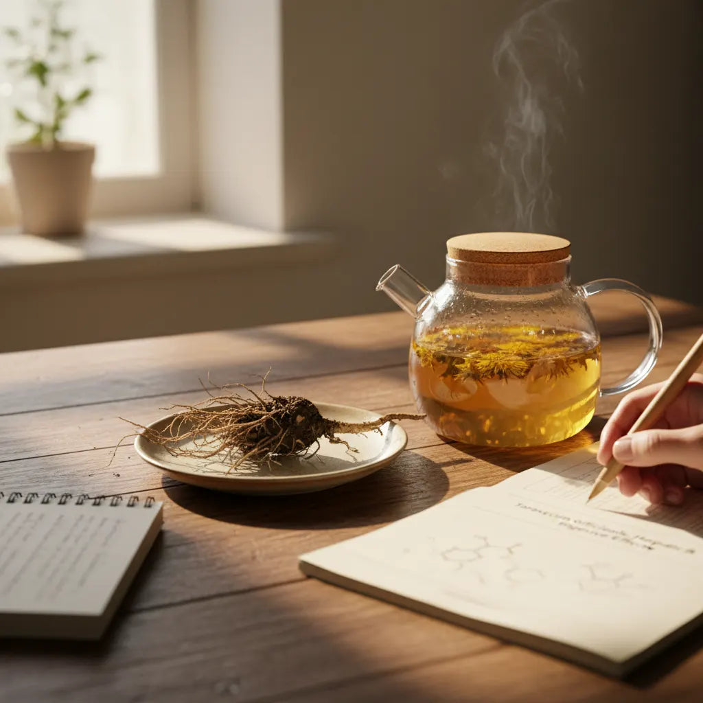 Fresh dandelion root, tea, person studying research