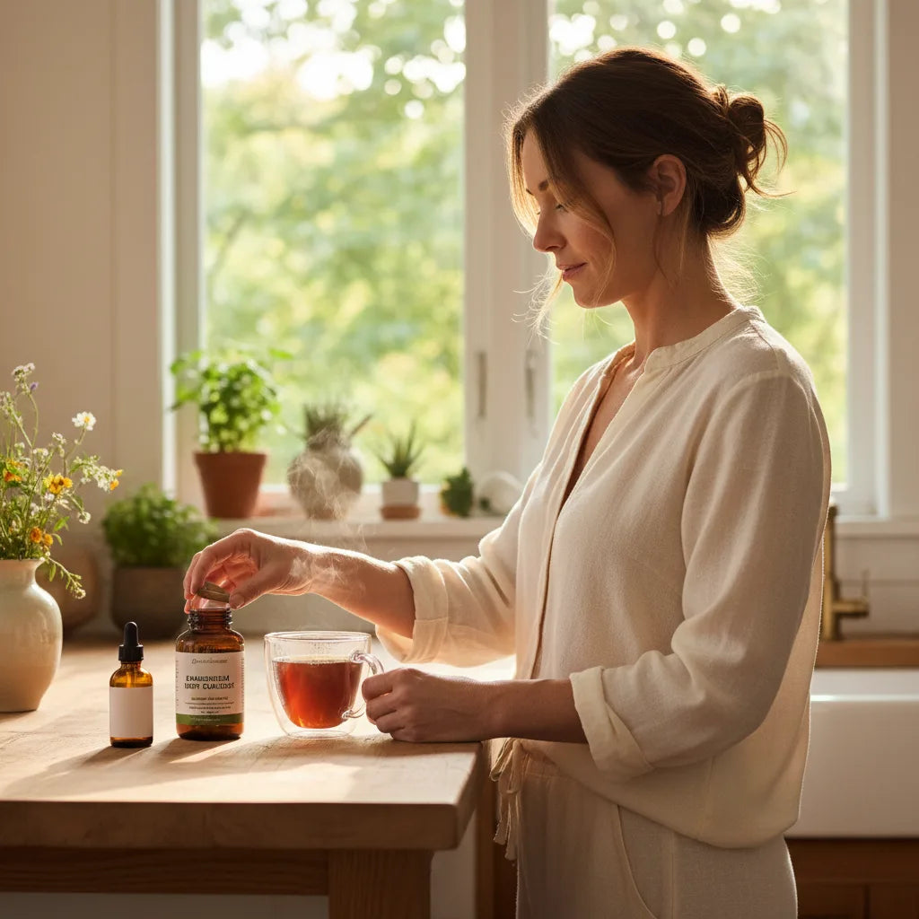 Woman adding dandelion capsules to morning routine