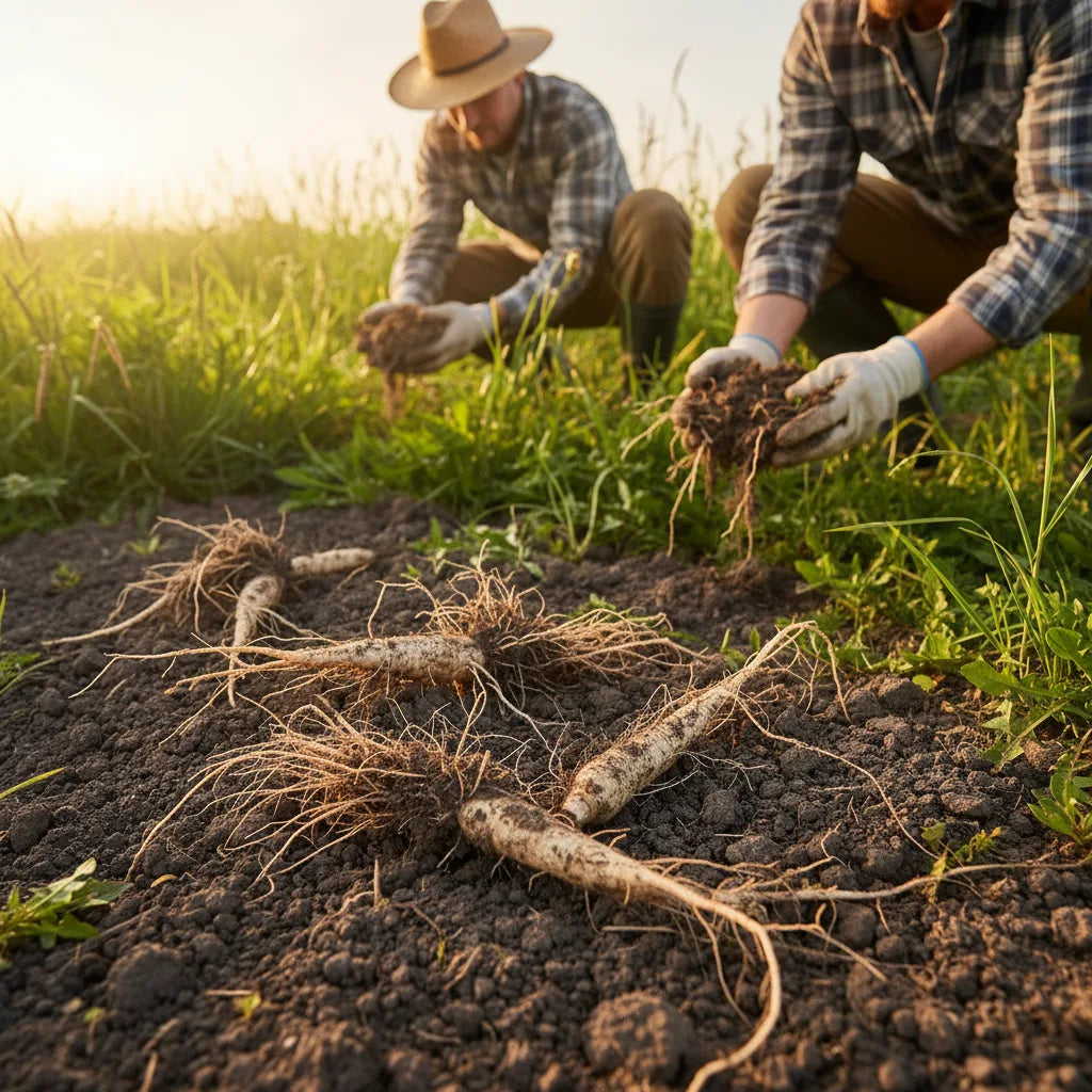 Farmers inspect dandelion roots in soil