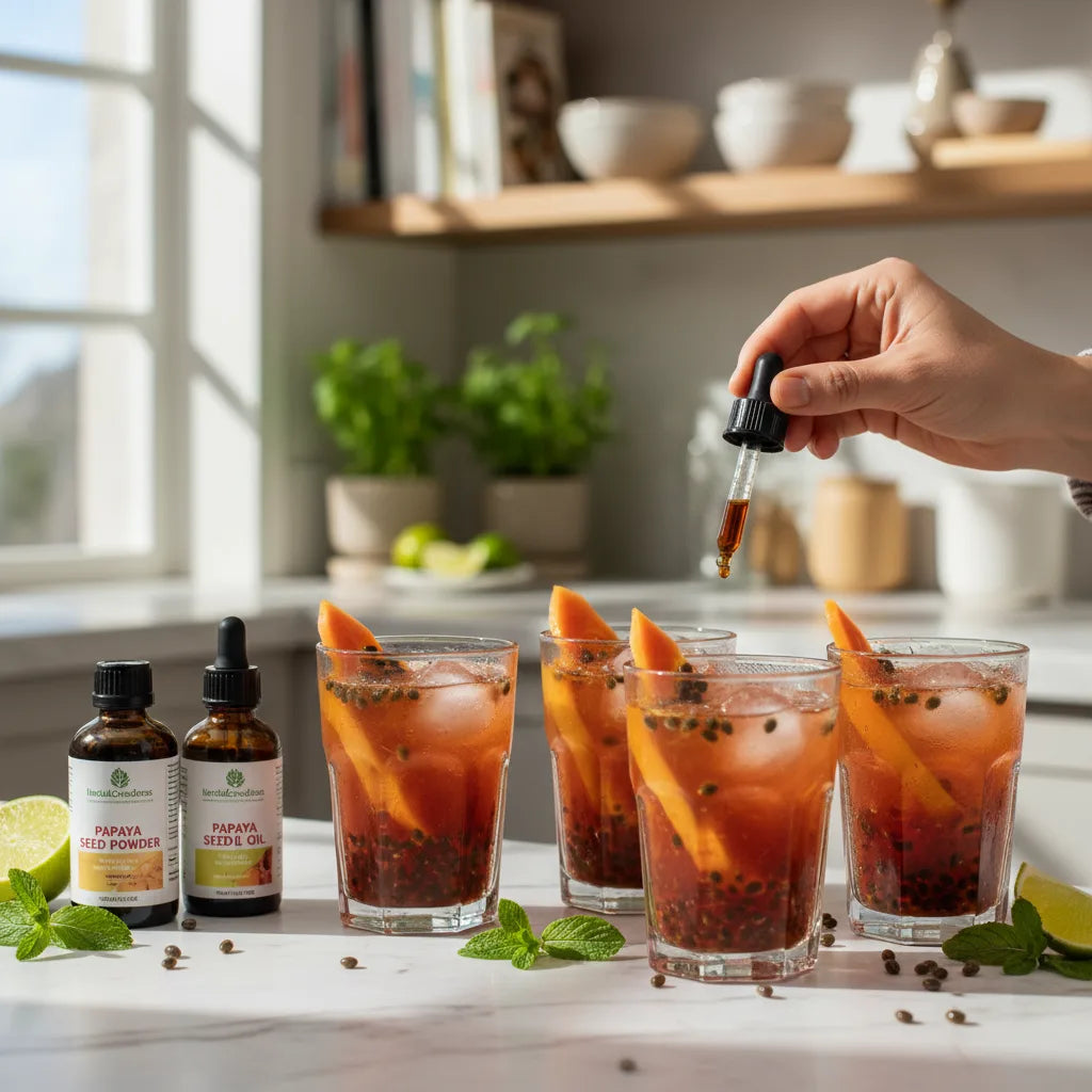 Mocktail glasses with papaya seed infusions.