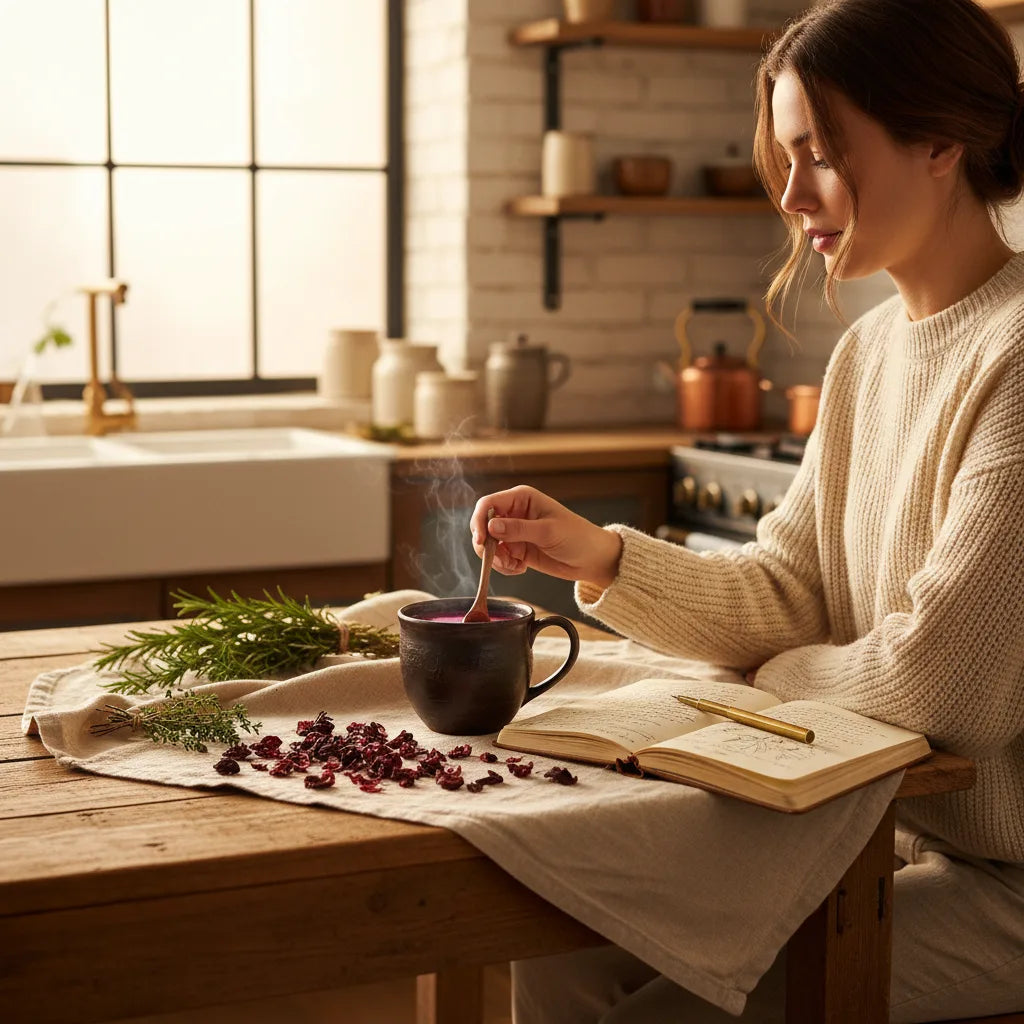 Woman stirring hibiscus tea surrounded by herbs