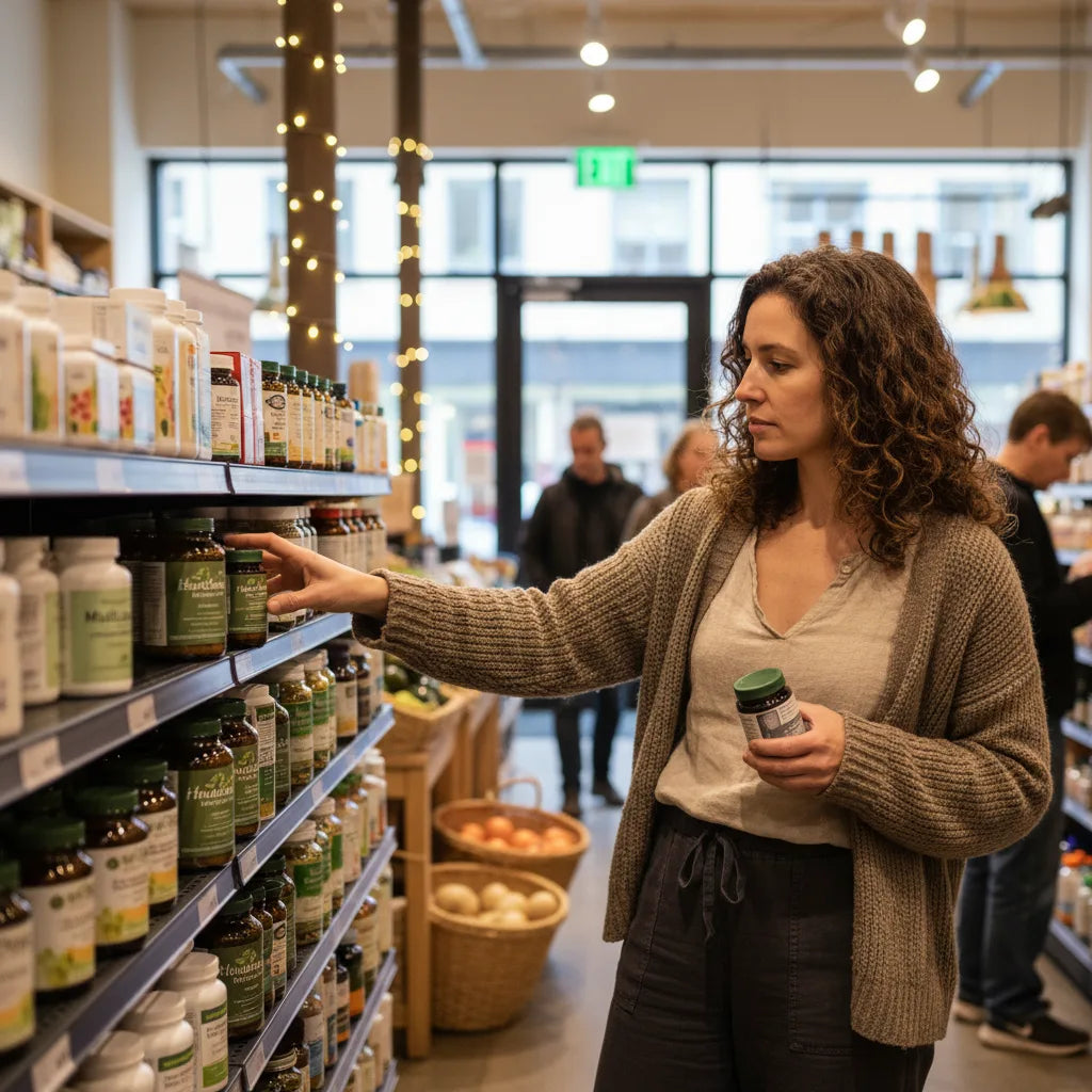 Shopper comparing mullein capsules in store aisle