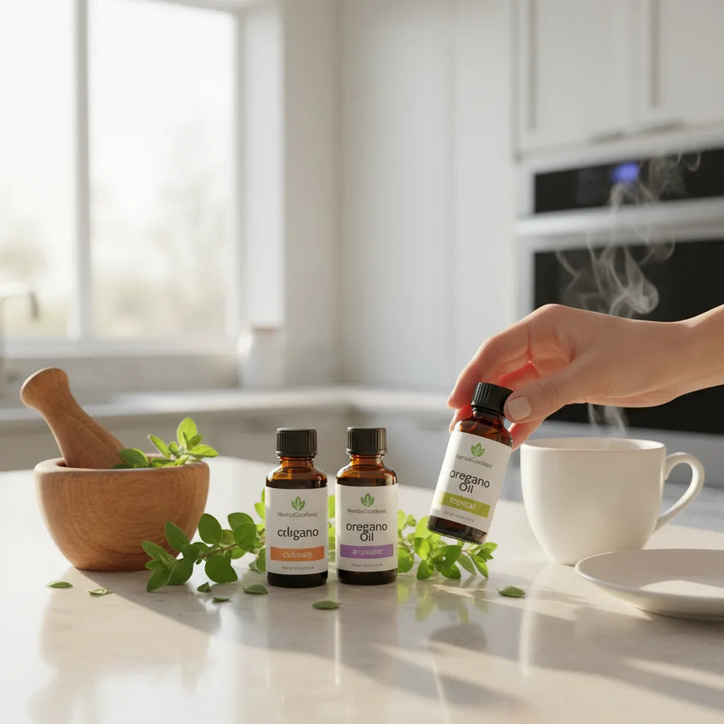 Oregano oil bottles with culinary, aromatic, topical labels