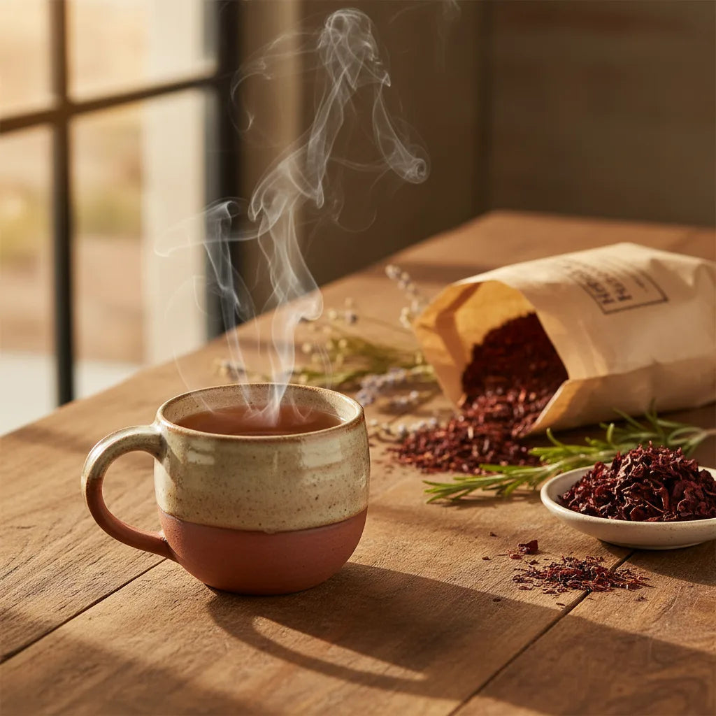 Steaming rooibos tea beside herbal leaves