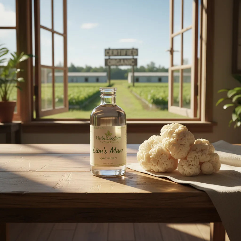 Lion's Mane extract and fresh mushrooms near farm