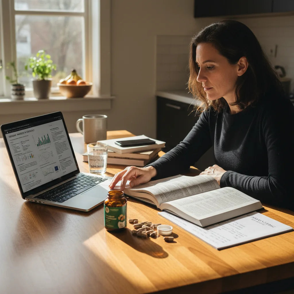 Person researches supplements with studies at home