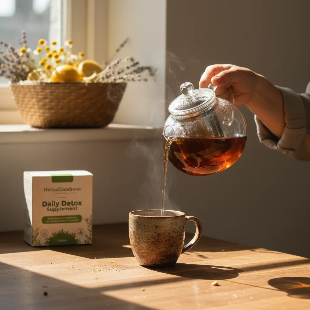 Herbal tea and supplements in home kitchen.