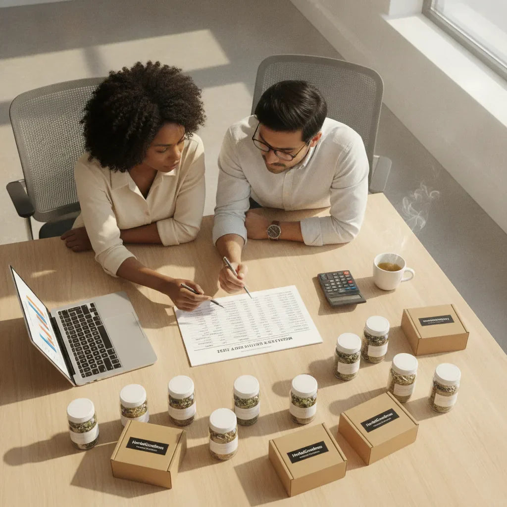 Professionals review herbal quote with samples