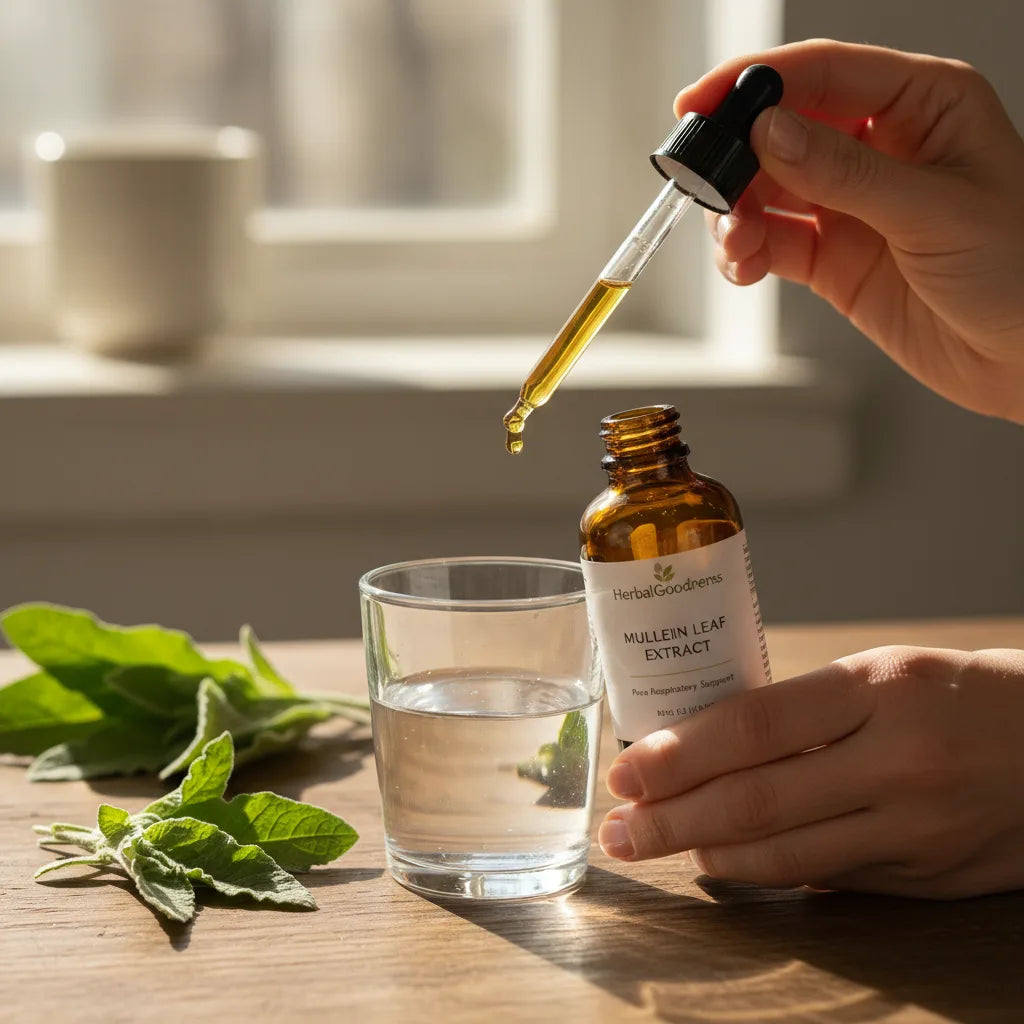 Inspecting mullein extract bottle in sunlit kitchen