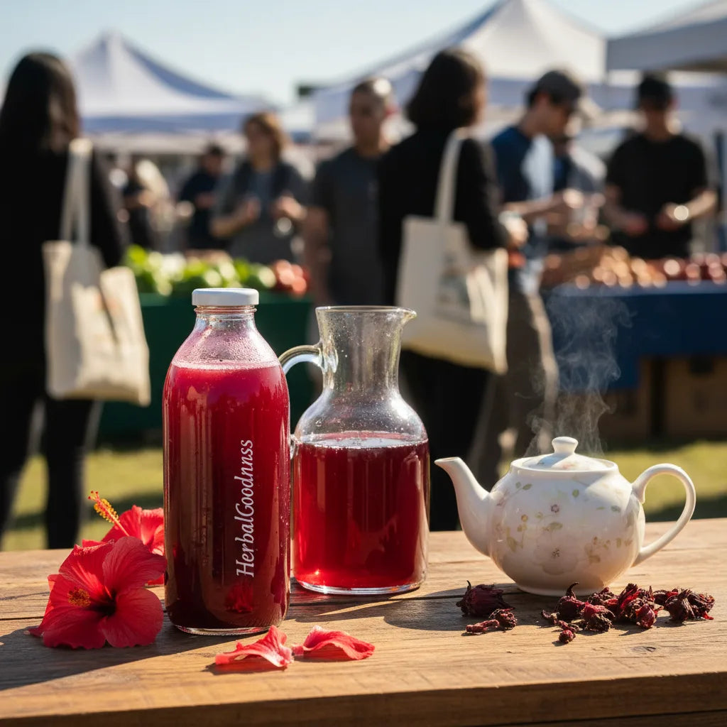 Three styles of hibiscus drinks at market