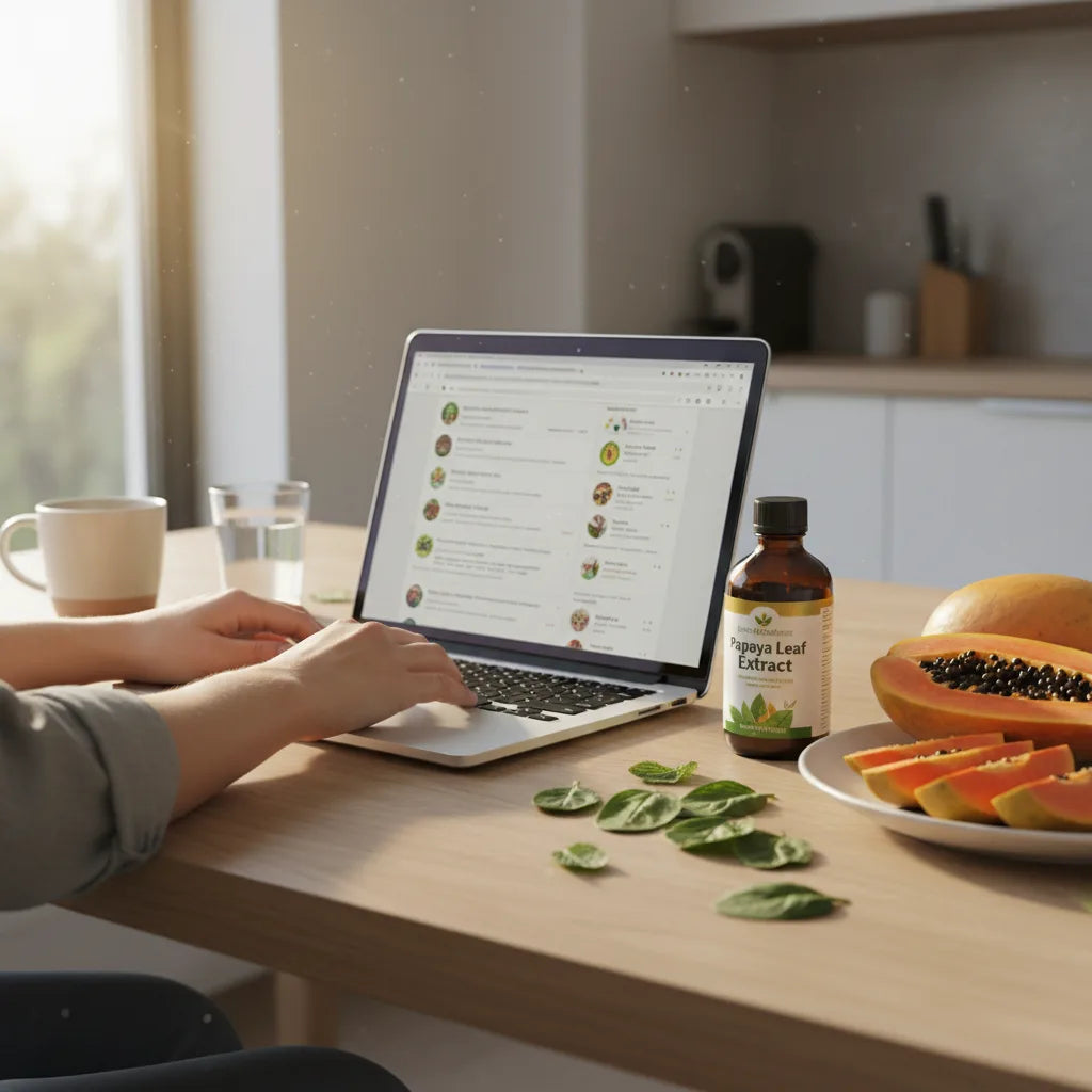 Person researching papaya extract reviews at home