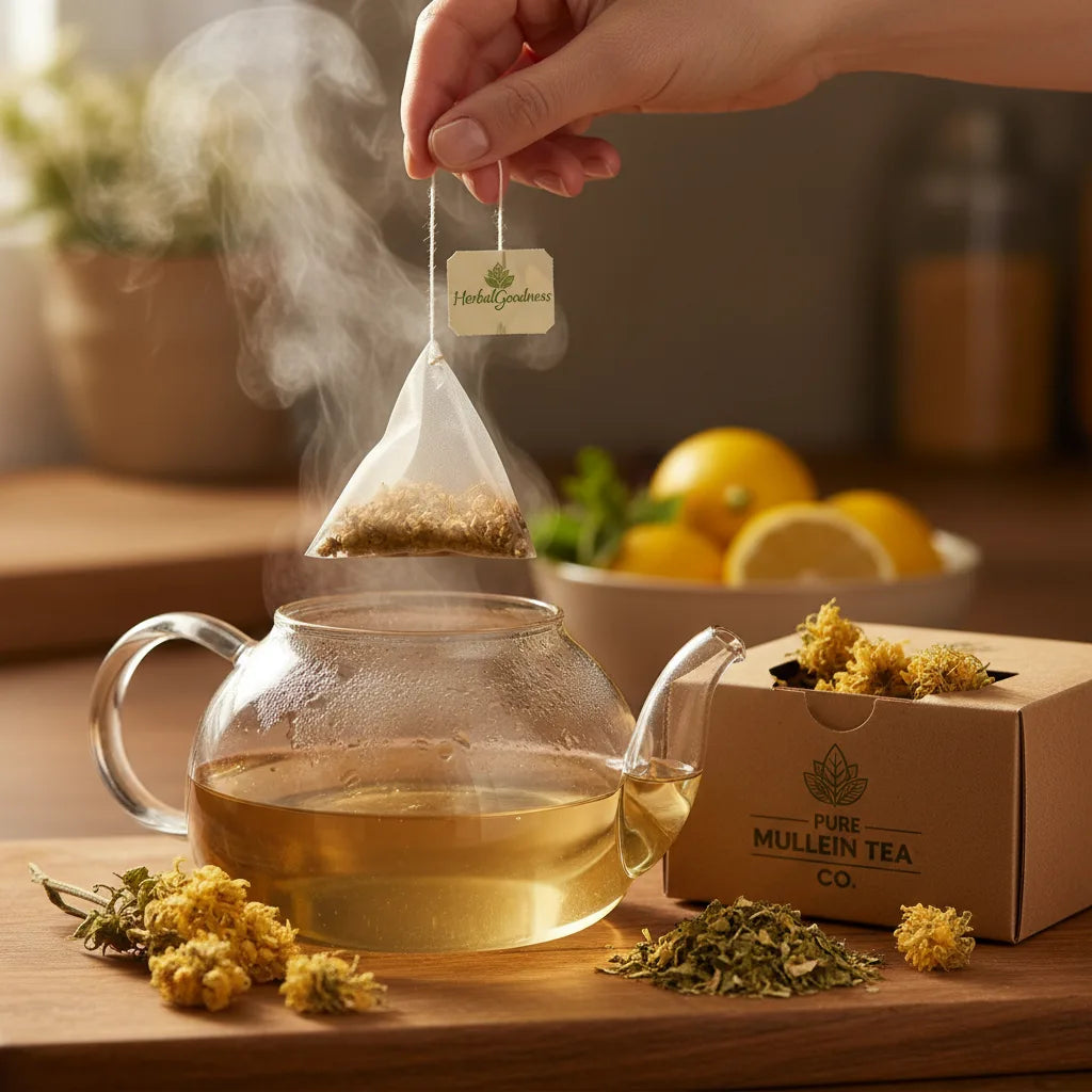 Hand drops mullein tea bag in teapot